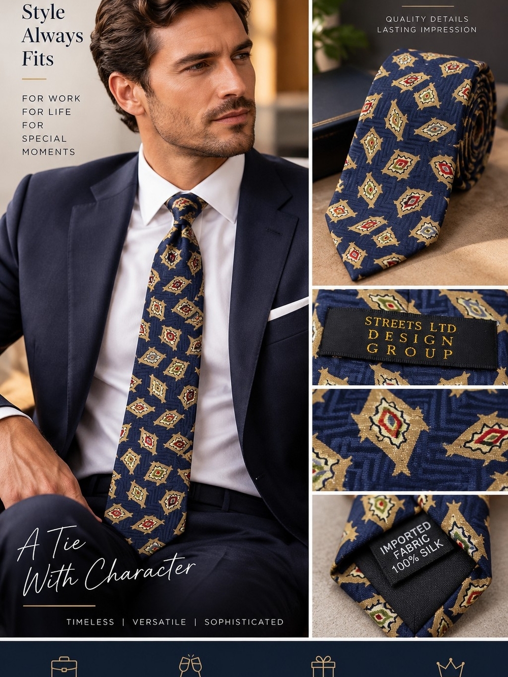 Streets Ltd Navy Silk Tie with Gold & Red Medallion Pattern